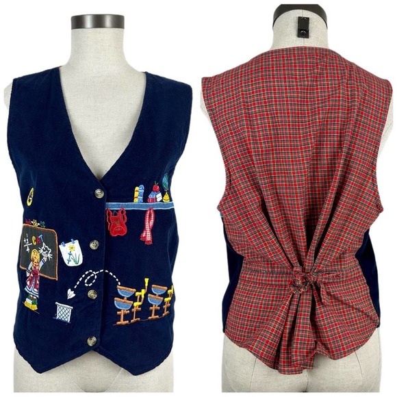 Vintage Teacher Vest Size Medium Red Blue Plaid Button Up Patch Embroidered 90s - Picture 1 of 6